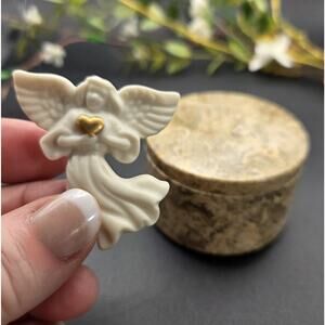 Vintage Lenox Angel Brooch & Fossil Stone Circular Trinket Keepsake Box 2 1/2"